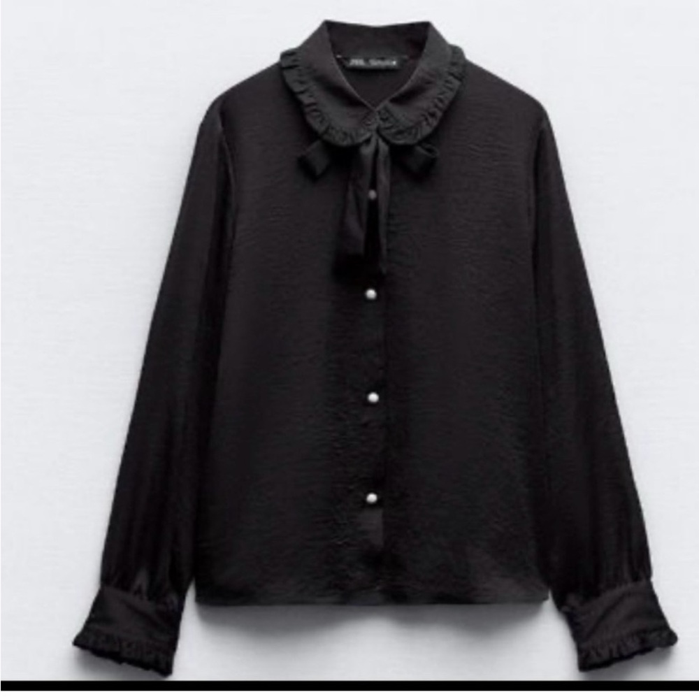 ZARA black satin effect tie collar shirt size medium - Picture 5 of 13